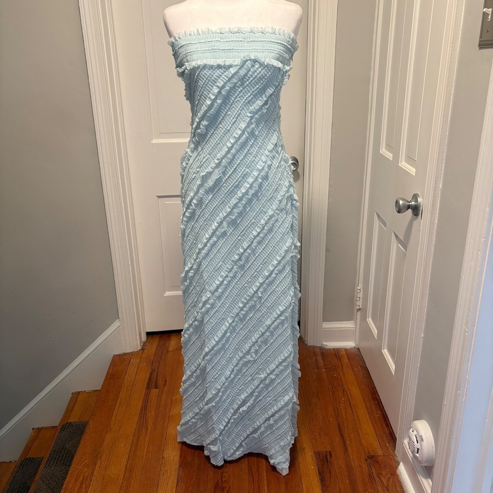 New Endless Rose Womens M Strapless Ruffled Maxi Dress Icy Light Blue Lined